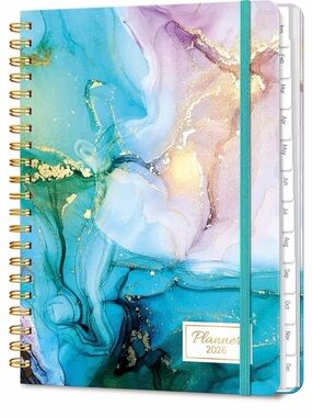 2026 Marble Effect Spiral Planner - Teal & Gold